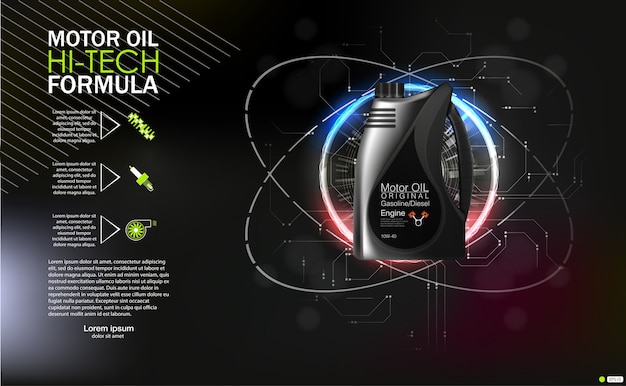 Bottle engine oil canister of engine motor oil, full synthetic clinging molecules protection. Premiu