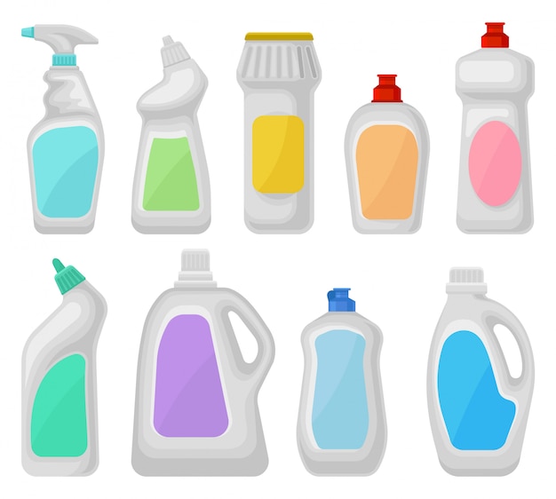 洗剤のボトルセット 白い背景の上の家庭用化学製品コンテナーイラスト プレミアムベクター