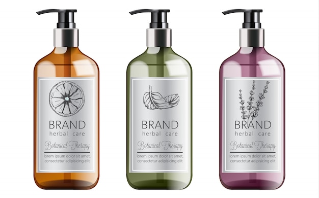 Download Free Vector Bottles Of Organic Shampoo With Herbal Care Various Plants And Colors Mint Orange And Lavender