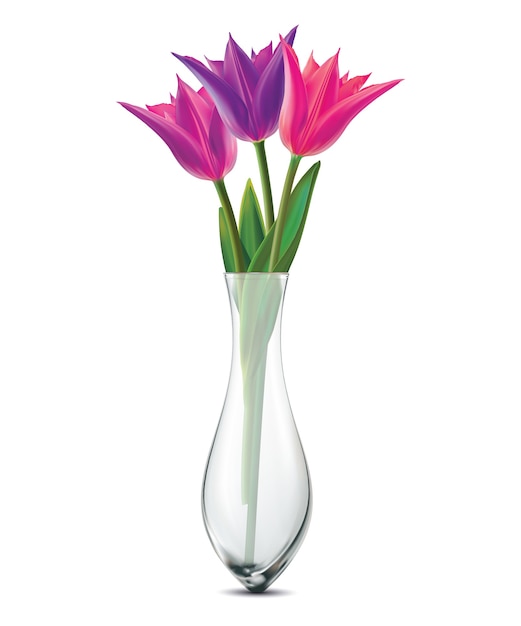白のガラスの花瓶にチューリップの花束 リアル プレミアムベクター