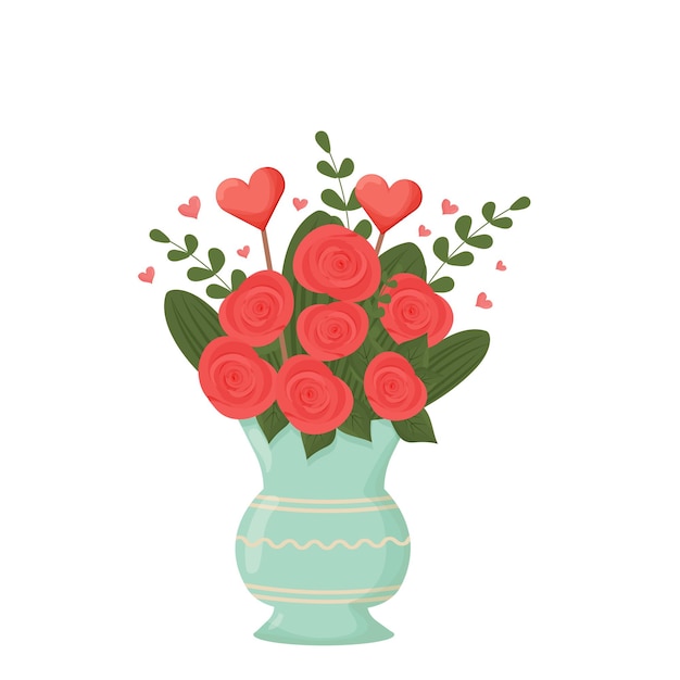 Premium Vector | Bouquet of roses in flower vase with leaves and hearts ...