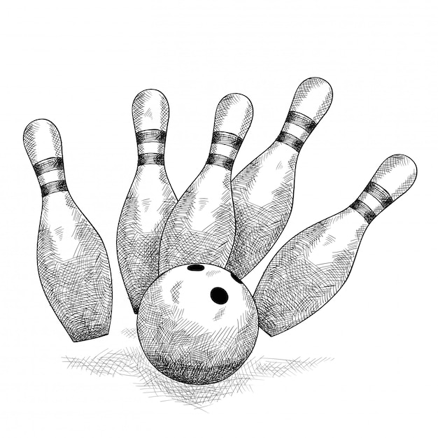 Premium Vector Bowling ball breaks five skittles pencil sketch.