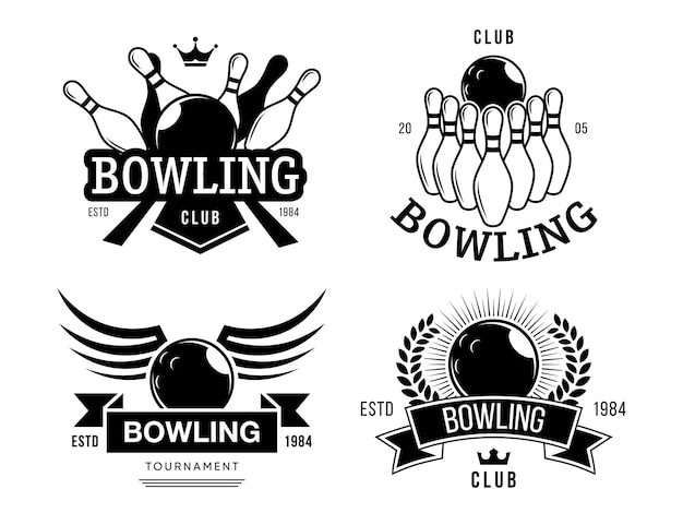 Free Vector | Bowling club labels set. monochrome emblem templates with ...