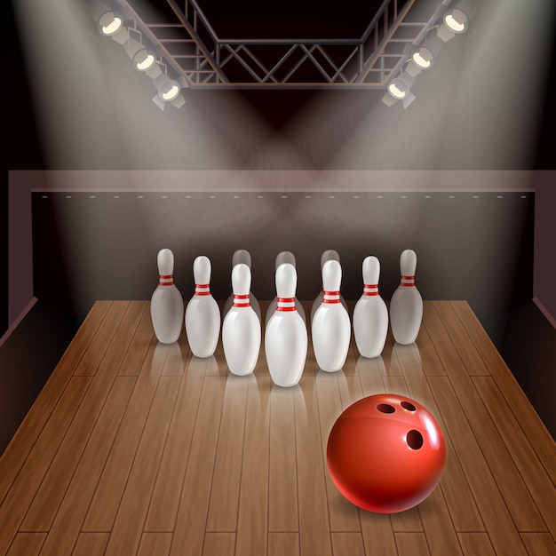 Bowling Lane With Exposed Skittles And Red Ball Under Spotlights