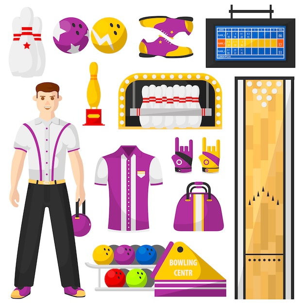 Bowling player with bowling equipment icons set. Premium Vector