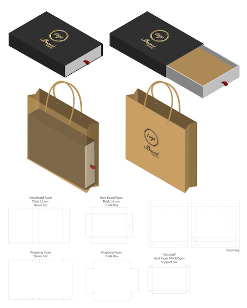 Download Box and paper bag set mockup with dieline | Premium Vector