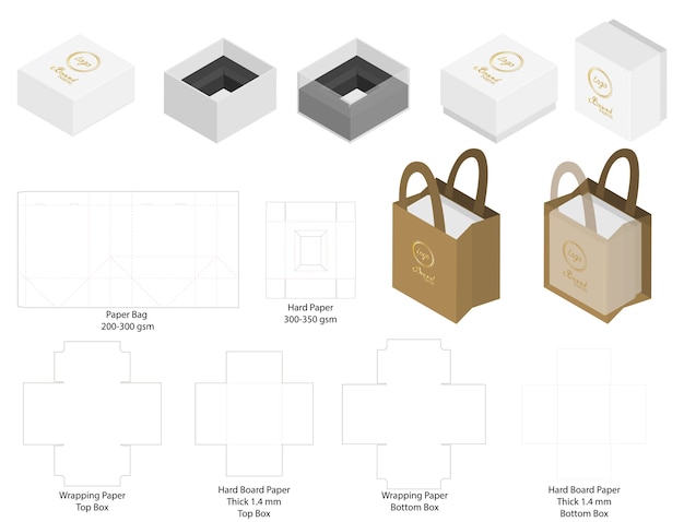 Download Box and paper bag set mockup with dieline | Premium Vector