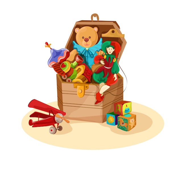 Box with retro toys Free Vector