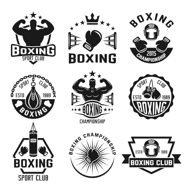 Premium Vector Boxing Club Set Of Monochrome Labels Badges Emblems And Logos Isolated On White