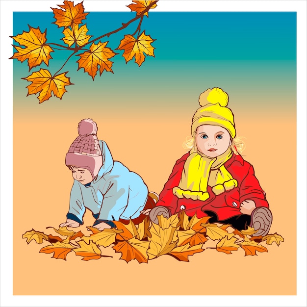 男の子と女の子のストリート漫画イラストの葉で遊んで秋の服 兄と妹 屋外の時間を過ごす子供たちが分離されました プレミアムベクター