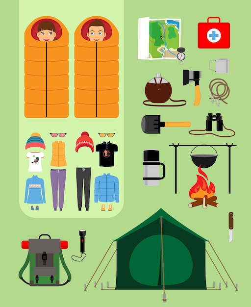 キャンプファイヤーとバックパックでテントの横に寝袋で男の子と女の子 観光 レクリエーション 野生での生存のための施設 ベクトルイラスト 無料のベクター
