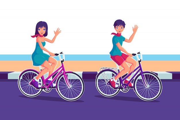 男の子と女の子の自転車漫画キャライラストに乗って プレミアムベクター
