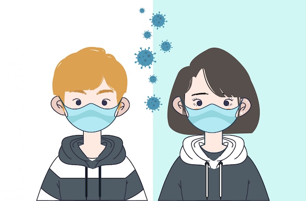 男の子と女の子のマスクイラスト コロナウイルスマスク保護の図 Covid 19イラスト プレミアムベクター