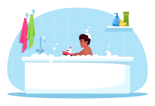 男の子のバスタイムセミrgbカラーイラスト プラスチックのおもちゃで遊ぶ赤ちゃん 子供のための泡風呂 バスルームの時間 青色の背景にバスタブの漫画のキャラクターの男性の幼児 プレミアムベクター