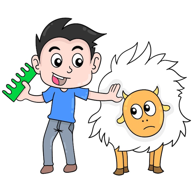 Premium Vector | Boy carrying a comb combing his pet fur, vector ...