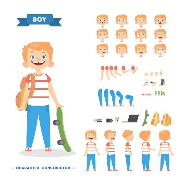 Boy character set with poses and eothions. Premium Vector