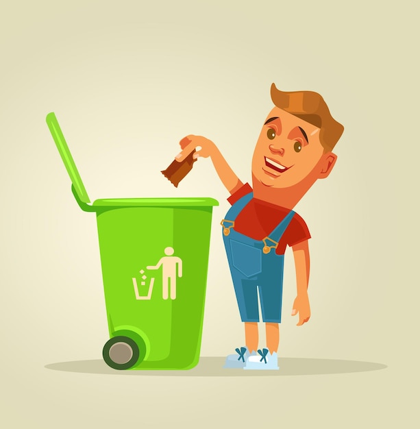 Premium Vector | Boy character throws garbage in trash.