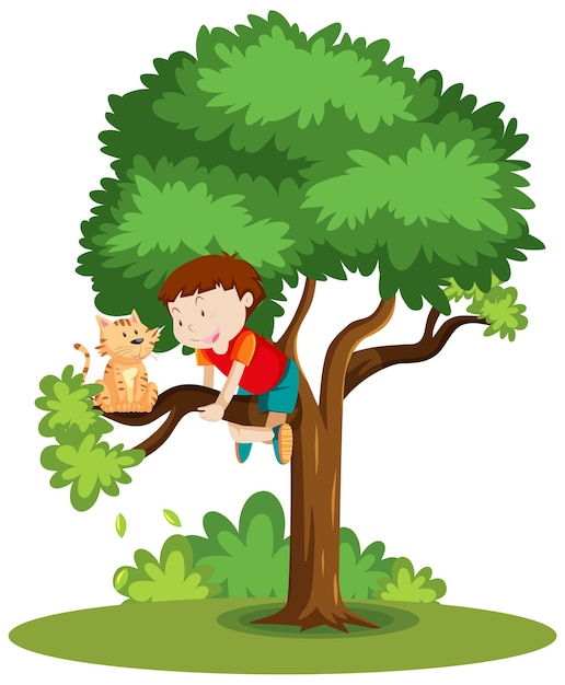 Free Vector A boy climbing to help a cat thats stuck on the tree