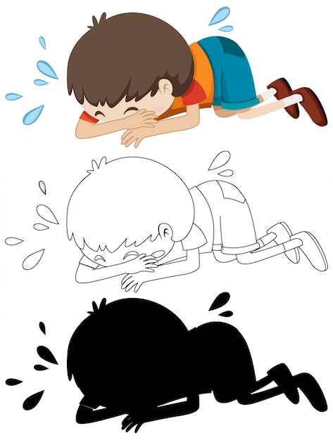 Download Boy crying on the floor with its outline and silhouette | Free Vector