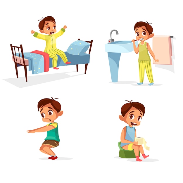 Free Vector | Boy daily routine, morning activity set. male character ...
