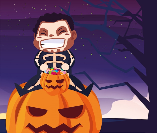 Download Boy disguised as a skull dead in scene of halloween Vector ...