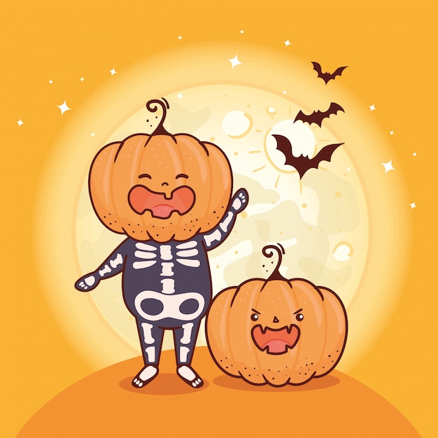 Download Premium Vector | Boy disguised of skeleton with head pumpkin for happy halloween celebration ...