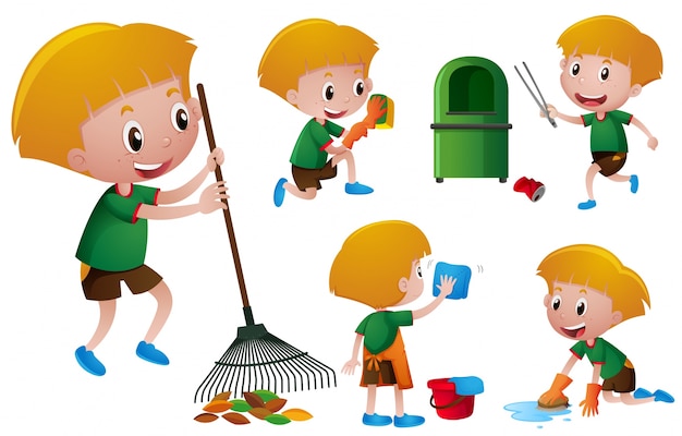 Download Boy doing different chores Vector | Premium Download