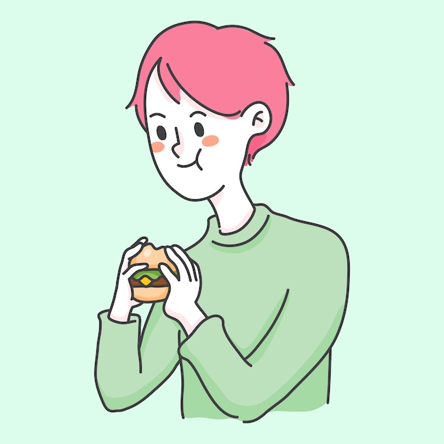 ハンバーガージャンクフードかわいい人イラストを食べる少年 プレミアムベクター