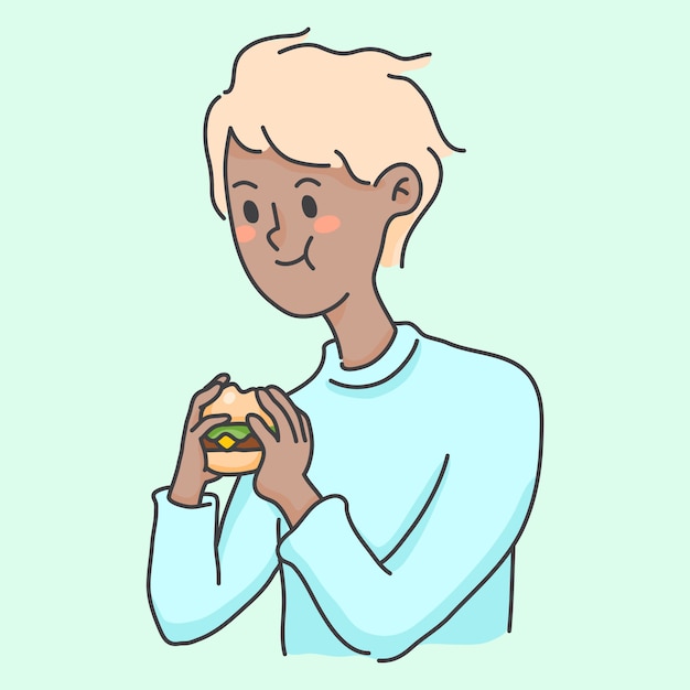 プレミアムベクター ハンバーガージャンクフードかわいい人イラストを食べる少年