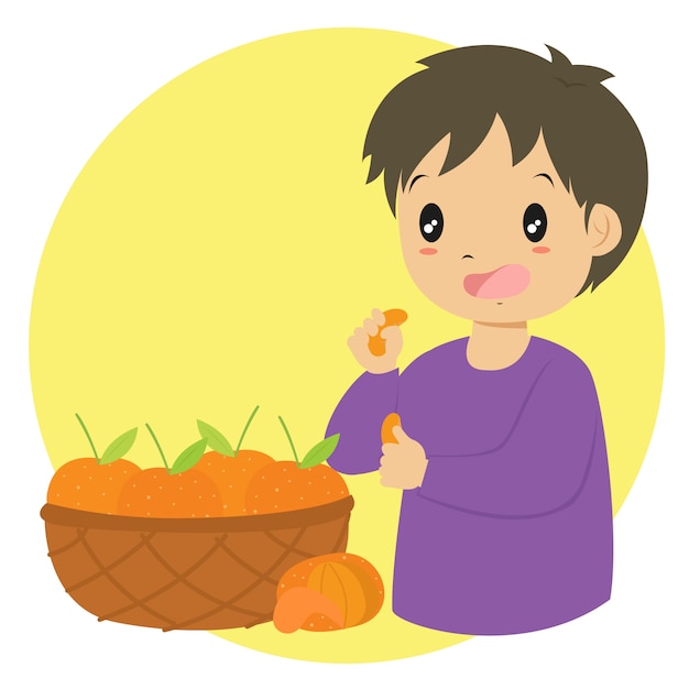 Premium Vector | Boy eating an orange cartoon vector