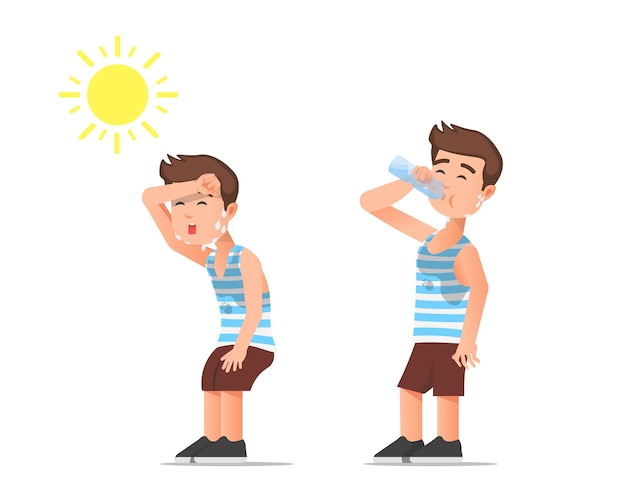 Premium Vector | A boy feels hot and drinks mineral water