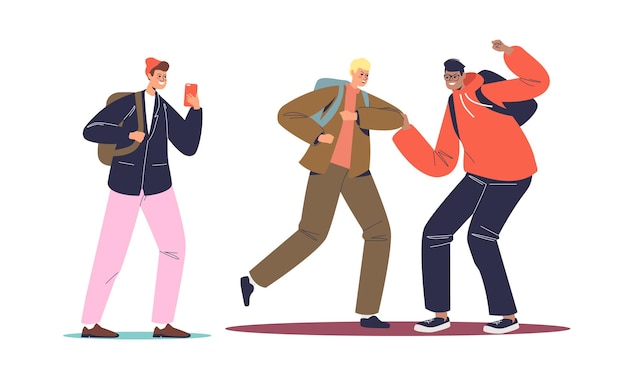 Premium Vector | Boy filming classmates fight on smartphone