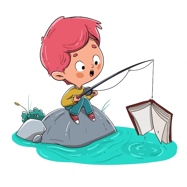 Download Boy fishing a book in the river | Premium Vector