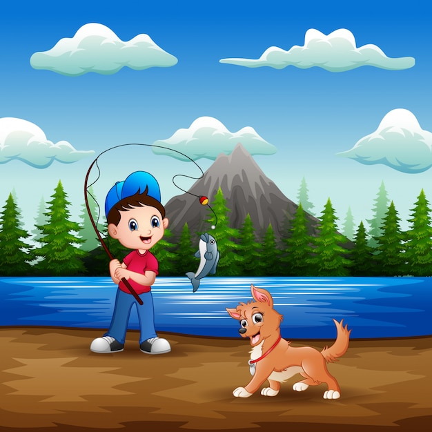 Premium Vector | A boy fishing with his pet in the river