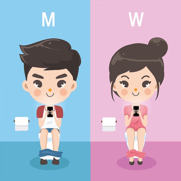 Premium Vector The Boy And Girl Are Sitting In The Toilet While They Were Playing Mobile 3193