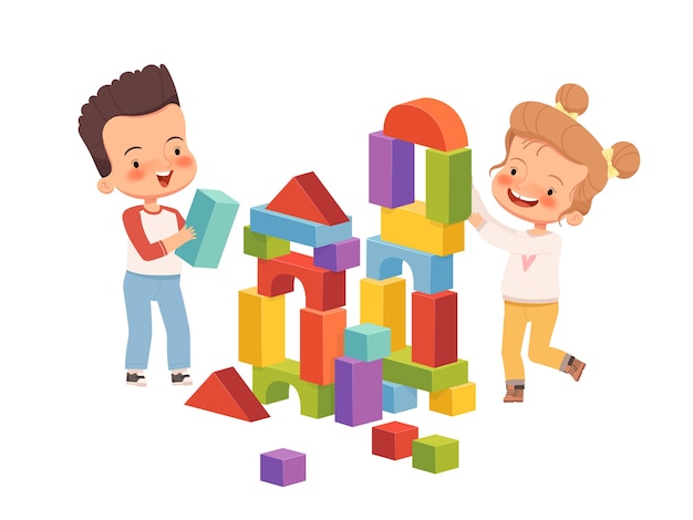 Premium Vector | Boy and girl are smiling and building a tower of ...