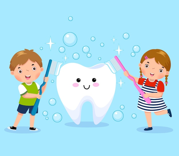 Boy and girl brushing white tooth Premium Vector