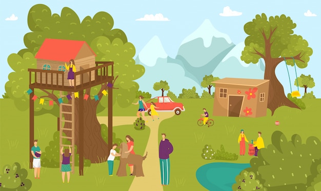 夏の木の家で少年少女子供活動 自然公園のイラストで幸せな子供時代 家の風景の人々 庭の木の家の近くの楽しい子供たち スイングで遊ぶ 建物 プレミアムベクター