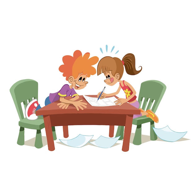 Premium Vector Boy And Girl Drawing Or Doing Homework Together At The Table