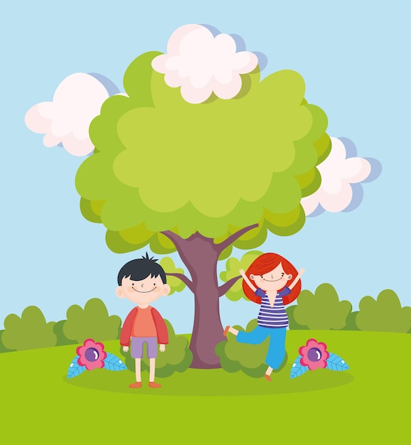 Premium Vector | Boy and girl in grass