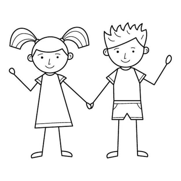 Premium Vector A Boy And A Girl Hold Hands Cute Characters A Linear Drawing By Hand Black And White Illustration