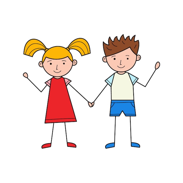 Premium Vector A Boy And A Girl Hold Hands Cute Characters A Linear Drawing By Hand Colorful Vector Illustration