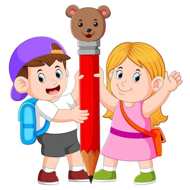 Premium Vector | The boy and the girl is holding the big pencil