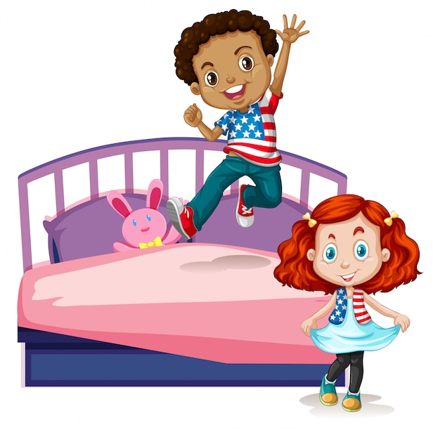 Premium Vector | Boy and girl jumping on bed