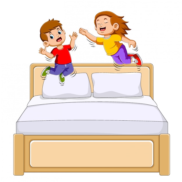 Premium Vector | Boy and girl jumping on the bed