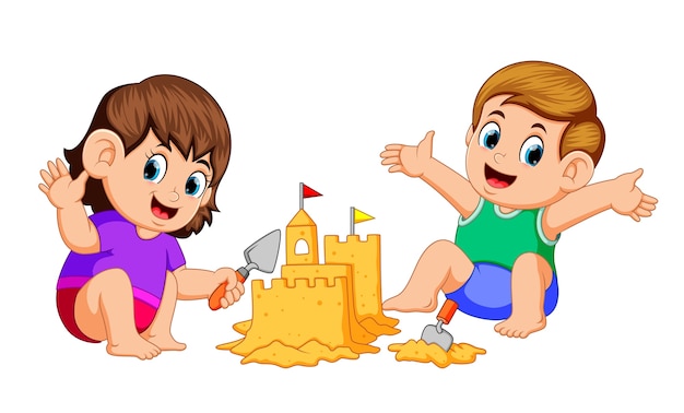 Download Premium Vector | Boy and girl making a big sandcastle at beach