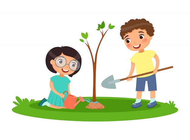 Boy and girl for planting and watering trees Vector | Premium Download