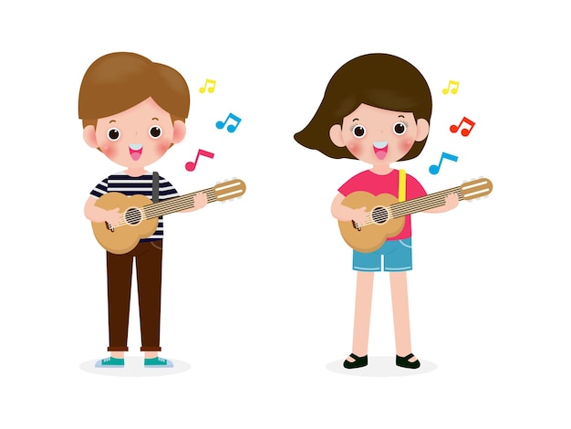 Premium Vector | Boy and girl playing the guitar isolated on white