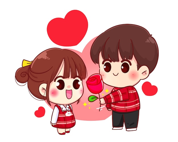 男の子は女の子に花を贈るかわいいカップル 幸せなバレンタイン 漫画のキャラクターイラスト プレミアムベクター