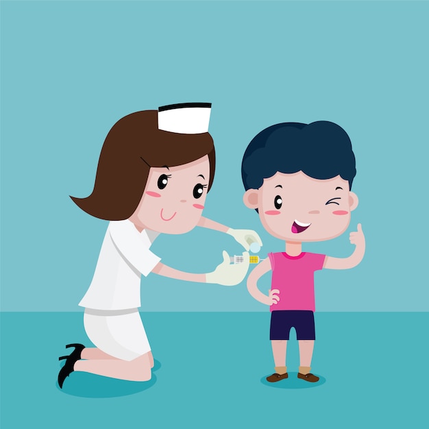 Boy happy while the nurses was injecting, vector cartoon Premium Vector